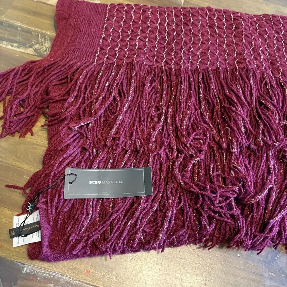 BCBGMAXAZRIA Large Blanket Scarf Wrap Burgundy Gold Fringe Wine Cozy $248